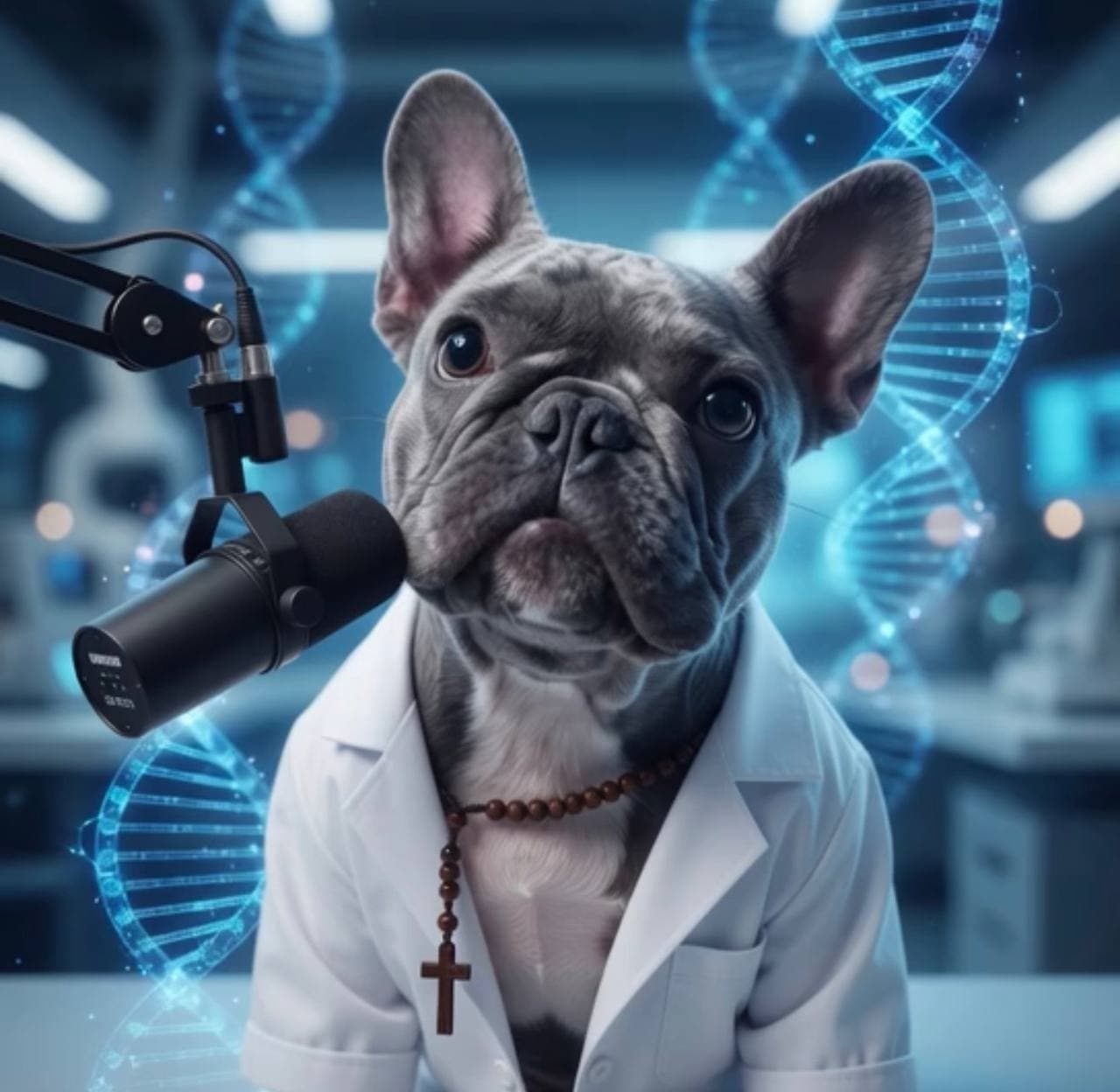 RAMpeptides mascot — lab coat bulldog in the lab
