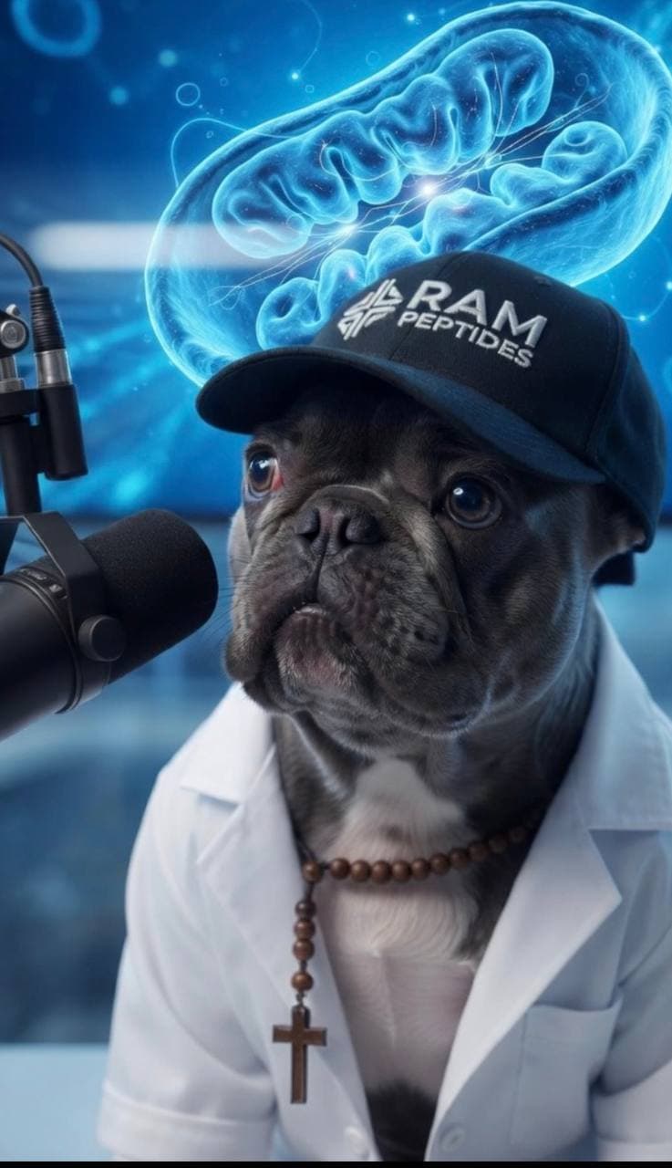RAMpeptides mascot — lab coat bulldog at the mic